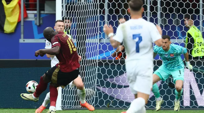 Romelu Lukaku kicks into the net, his goal disallowed once again (Reuters)