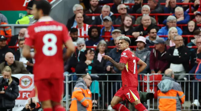 Feels like Liverpool. Luis Diaz celebrates a characteristic goal against Brentford (Reuters)