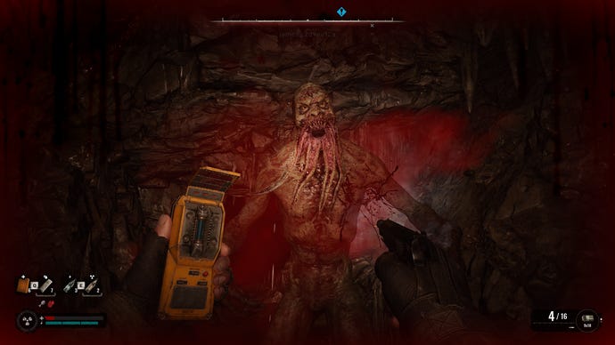 A Bloodsucker attacks in a dark cave in S.T.A.L.K.E.R. 2: Heart of Chornobyl.