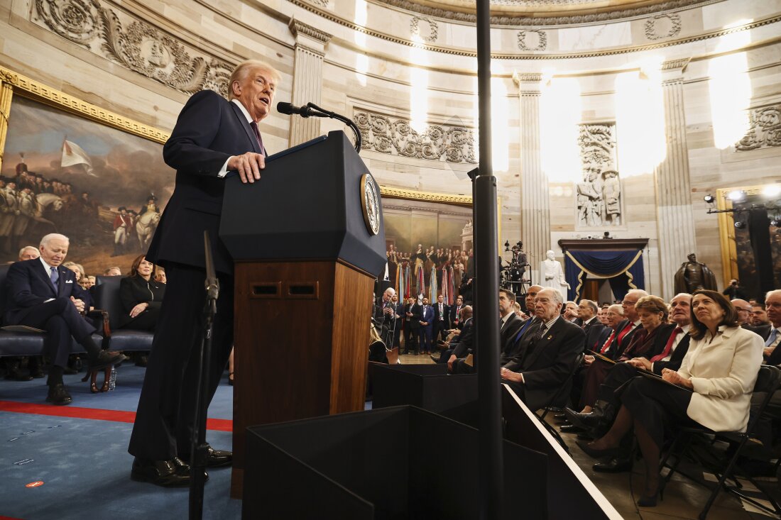 President Donald Trump speaks during the 60th Presidential Inauguration in the Rotunda of the U.S. Capitol on Monday.